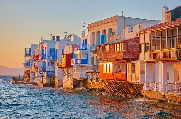 Little Venice at sunset in Mykonos