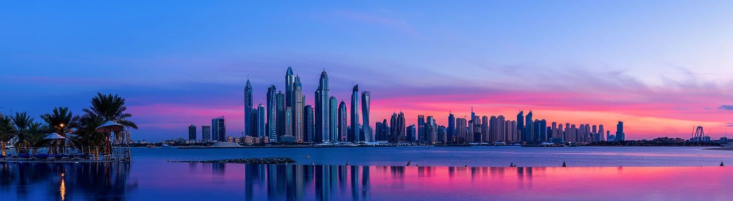 Skyline of Dubai at sunset