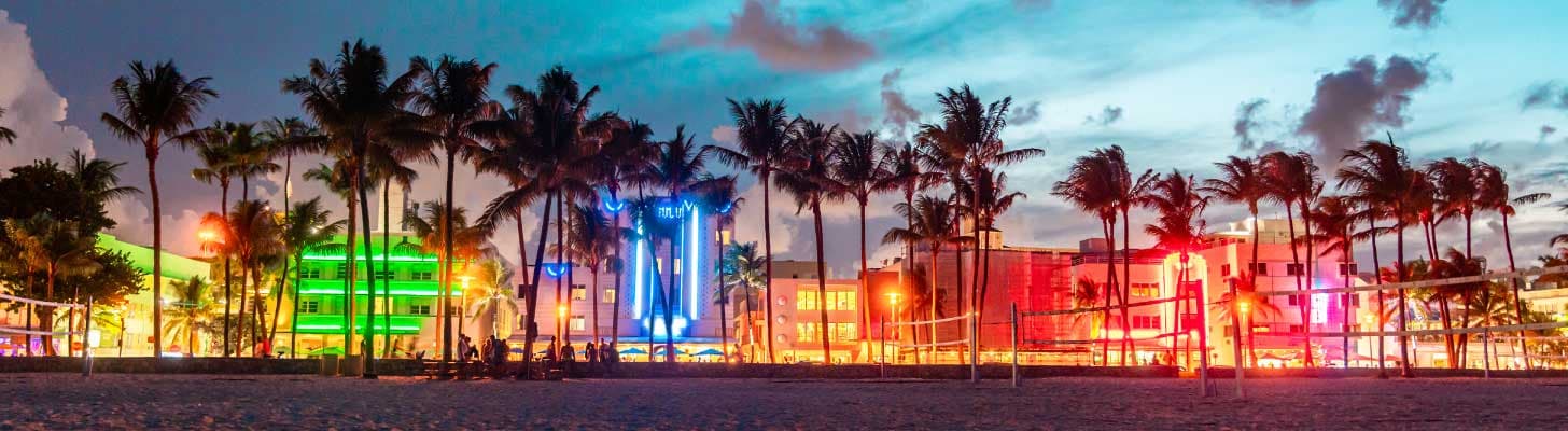 Hotels & restaurants in Miami beach at sunset