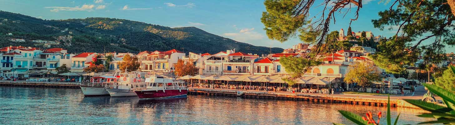 Waterside promenade in Skiathos Town at sunset