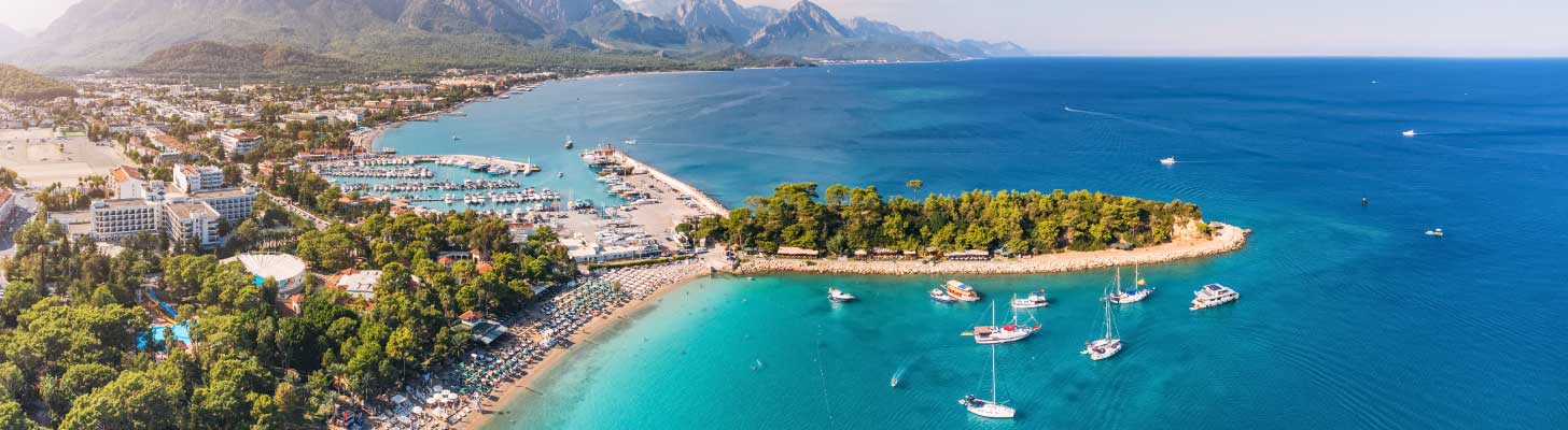Aerial view of boats off the shore in Kemer, Turkey