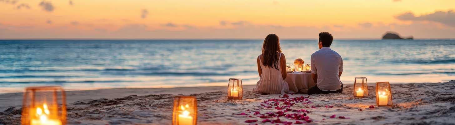 Couple sitting on a beach with candles & rose petals