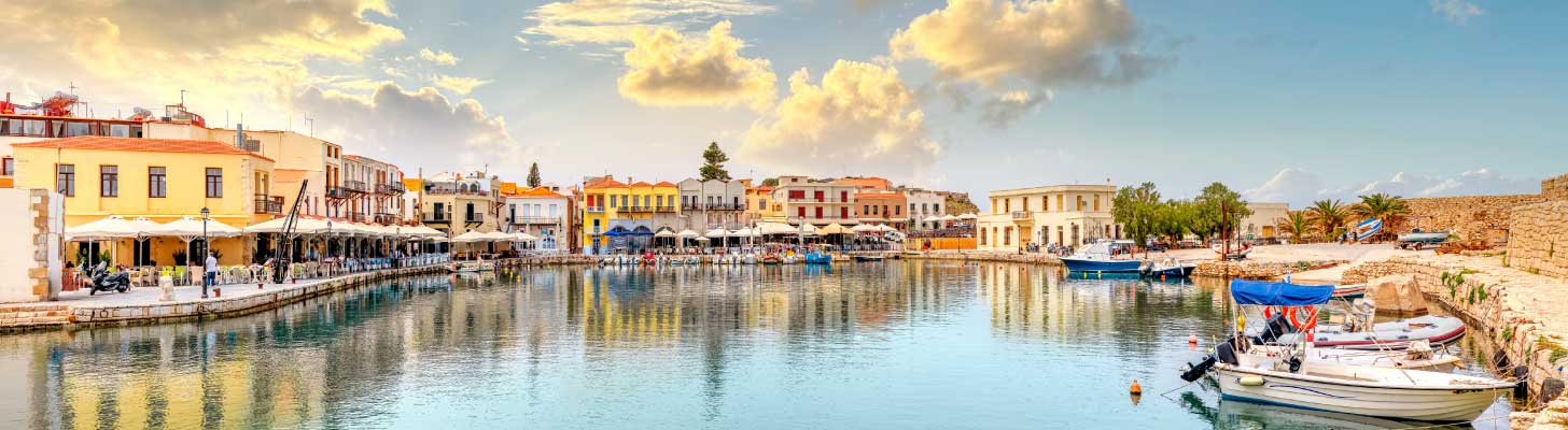 Restaurants & bars line the waterfront at Rethymnon, Crete