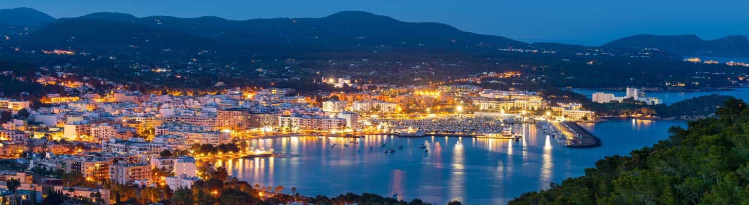 Aerial view of Santa Eulalia in Ibiza at night