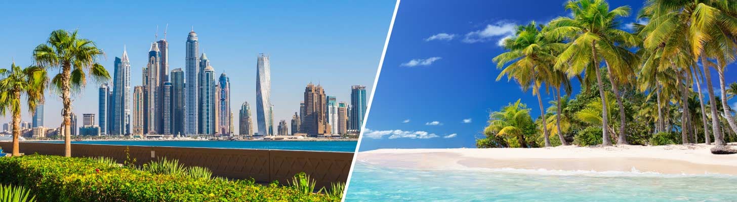 City skyline & the white sands & palm trees of a tropical island