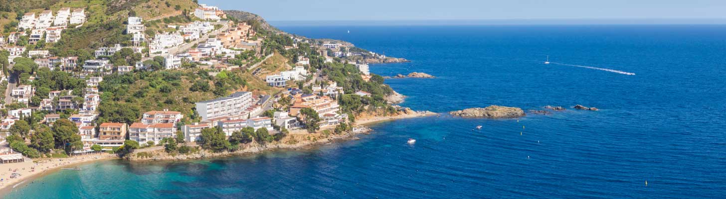 Aerial view of the coastline of Roses in the Costa Brava, Spain