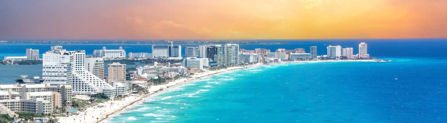 Sunset over the strip in Cancun, Mexico