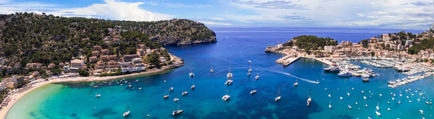 Panoramic view of Port de Soller bay & marina in Majorca